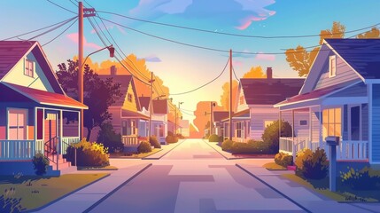 This is a cartoon illustration of a suburban street at sunset with cottages where the house terrace has a wooden porch and railings. A residential district, countryside area at sunset with cozy homes