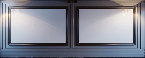 Two horizontal empty white frames with dark borders, each spotlighted against a wall featuring a classic paneling design 