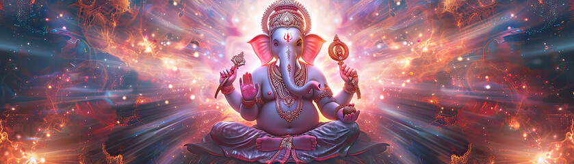 A digital painting of Ganesha, seated in a lotus position, four arms holding symbolic items, surrounded by a glowing aura, serene face. Background of ethereal light rays, rich jewel tones. Created
