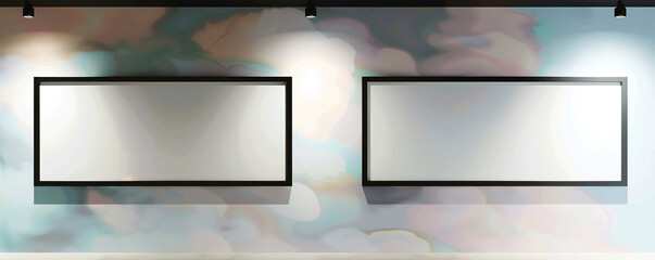 Two horizontal empty white frames with dark borders, each spotlighted against a wall featuring a pastel cloud pattern
