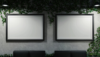 Two horizontal empty white frames with dark borders, each spotlighted against a wall featuring a subtle ivy pattern 