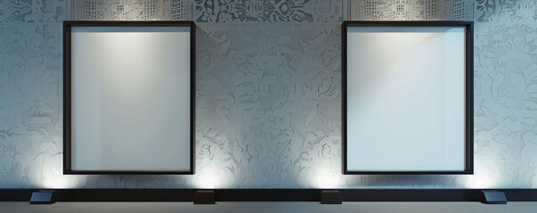 Two white frames with dark borders displayed against a wall with a delicate lace texture in a state-of-the-art architecture studio.