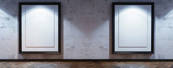 Two white frames with dark borders displayed against a wall with a decorative parquet texture in a state-of-the-art architecture studio. 