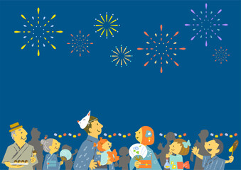 夏祭りで花火を見上げる人々　カラフルで楽しいイラスト