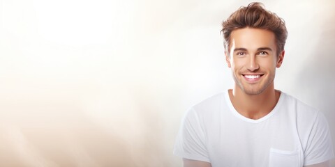 Silver background Happy european white man realistic person portrait of young beautiful Smiling man...