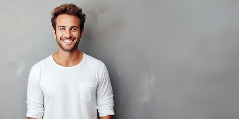 Silver background Happy european white man realistic person portrait of young beautiful Smiling man...