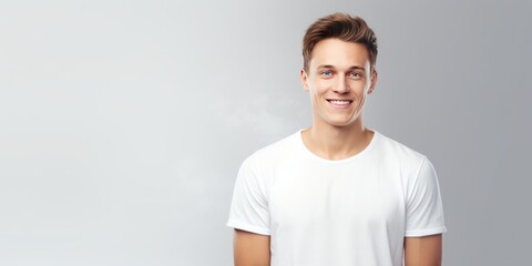 Silver background Happy european white man realistic person portrait of young beautiful Smiling man...