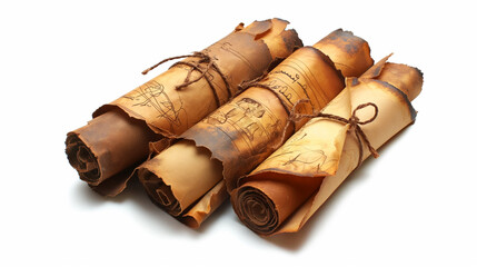 Ancient, rolled-up parchments with weathered edges, tied with strings, evoking a sense of history and old-world knowledge.
