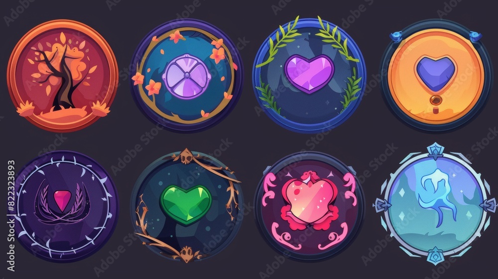 Poster cartoon circular empty borders, isolated graphic gui elements, round ui game avatar frames with orna