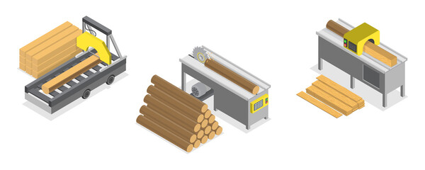 3D Isometric Flat  Illustration of Sawmill, Furniture Making Tools and Processes © TarikVision