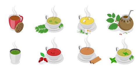 3D Isometric Flat  Set of Tea Types, Beverages With Herbal Ingredients