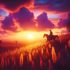 silhouette of a cowboy riding into the sunset, c4d, dreamy and optimistic, vibrant sky