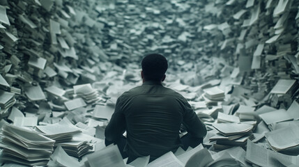 Man sitting amidst an overwhelming pile of papers, with his back turned, representing a sense of chaos, burden, and the struggle to manage information overload.