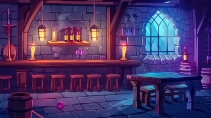 Various medieval furniture, candles, stained glass window and stone walls in an old medieval castle or dungeon. Various historical decorations in an old tavern with a wine bottle and beer on the