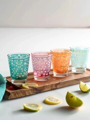Pastel Shot Glasses on Wooden Serving Board with Citrus Garnish