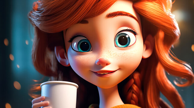 An illustration of a cartoon girl with red hair holding a coffee mug, exuding warmth and coziness in delightful, animated style.