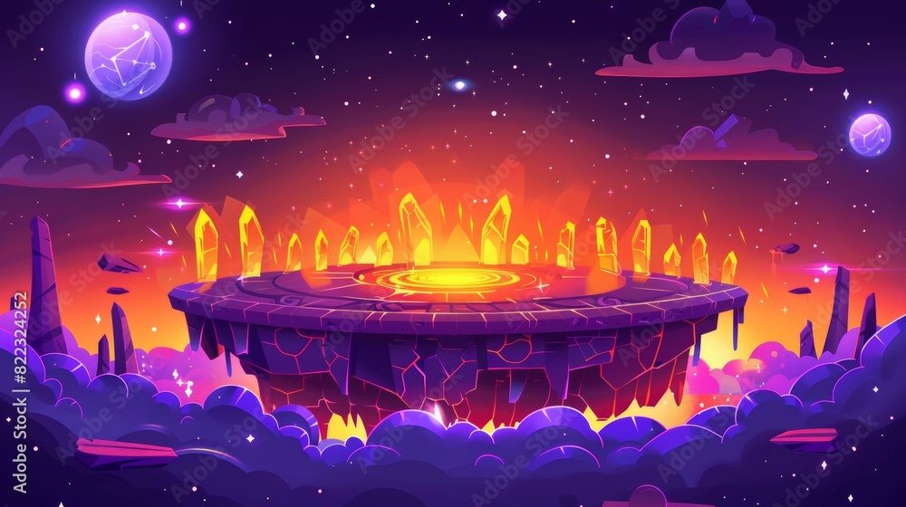 Poster cartoon game background with floating round platform covered with glowing ancient signs and flying r