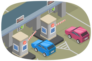 3D Isometric Flat  Illustration of Checkpoint With Barriers, Highway Toll