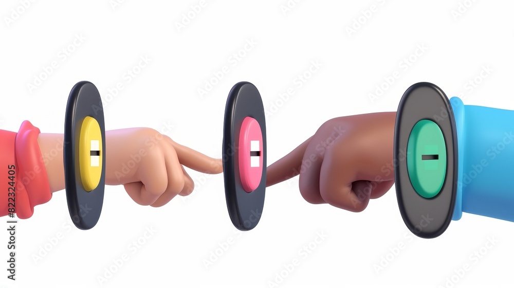 Poster an illustration of multiethnic hands pushing a button with different color sleeves and loading effec