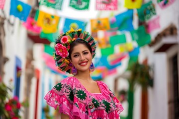 Mexican festival Capture the beauty of a traditional Mexican headpiece alongside elaborate earrings and necklaces worn with the dance dress folklore traditional cultural party celebration symbols 