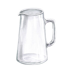 Transparent glass jug in watercolor illustration on a white background. Hand drawn jug for cookbooks, lemonades, restaurant menu design, tablecloths, cards.