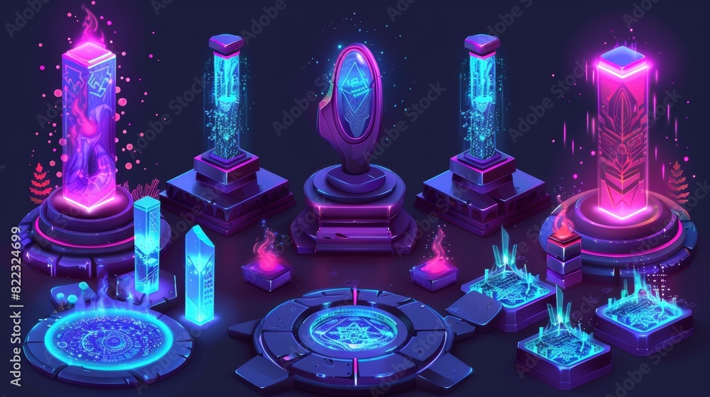 Poster digital futuristic portals with neon glow and hologram effect. magic circle and square podiums, fant