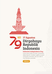 Indonesia Independence Day Poster. Hand-Drawn national monument with Trendy Stamp. 17 Agustus Celebration