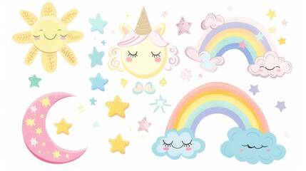 Baby sleeping crescents, rainbows, suns with clouds, stars and planets kawaii characters for kid's bedroom, playroom, or good night cartoon.