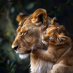 tiny lion cubs sits inside their moms embrace