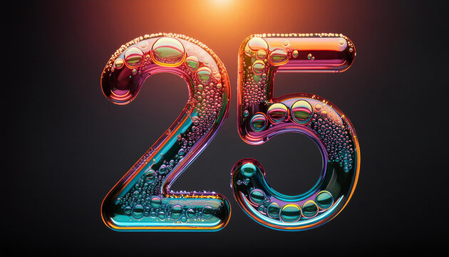 Abstract number twenty five, futuristic glossy 25 symbol, water droplets. Neon colors. 3D rendering