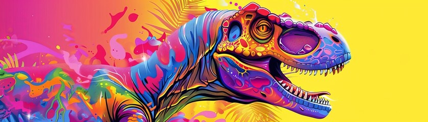 Obraz premium Vibrant and colorful digital illustration of a dinosaur against a bright background, perfect for creative and modern design projects.