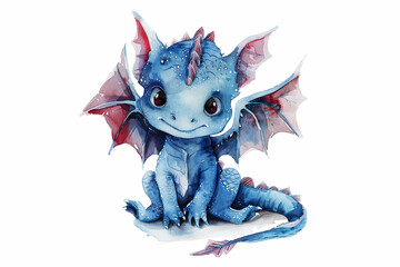 Obraz premium Cute and funny blue dragon cub on white background. Illustration for children book, greeting