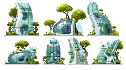 A futuristic eco city architecture design element set isolated on white. Modern glass houses with green trees on top.