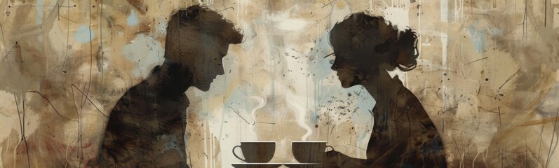 Painting of two people sitting at a table with cups of coffee., Banner