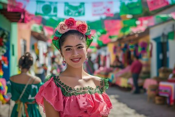 Mexican festival Capture the beauty of a traditional Mexican headpiece alongside elaborate earrings and necklaces worn with the dance dress folklore traditional cultural party celebration symbols 