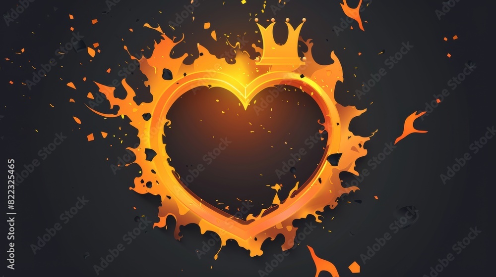 Poster an orange burn hole frame in the shape of a crown and heart. a circle and square flame set with blac