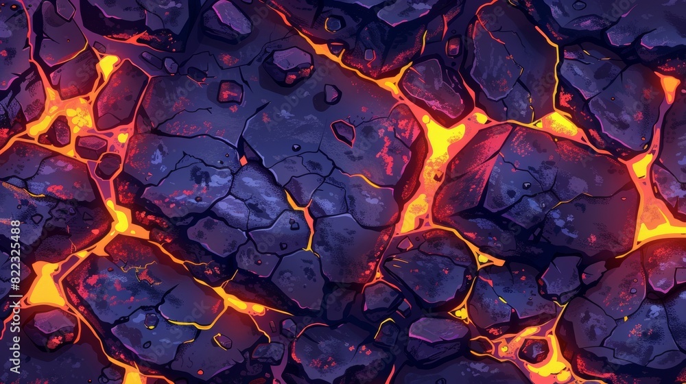 Poster an illustration of a volcano boulder texture with cracks and broken stones filled with lava. volcani
