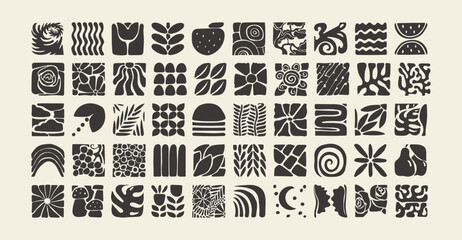 Obraz premium Set of bauhaus natural geometric shapes, pattern in tiles, decorative abstract art, banner, wallpaper, nature concept