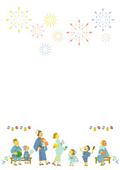 夏祭りで花火を見上げる人々　カラフルで楽しいイラスト