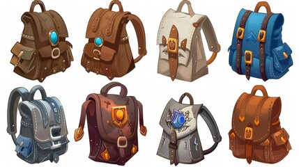 An illustration of a cartoon set of backpacks isolated on a white background. Illustration of a textile and leather school bag with badges, a travel rucksack, a luggage bag with a handle. Accessories