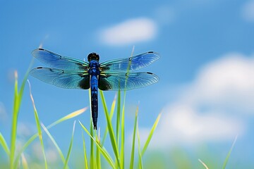 Blue demoiselle dragonfly, Calopteryx splendens on leaves Close up of beautiful insect in wildlife at sunny summer day fairy day concept