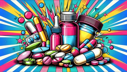A colorful pop-art style illustration of various pills, bottles, and medical supplies against a vibrant background.