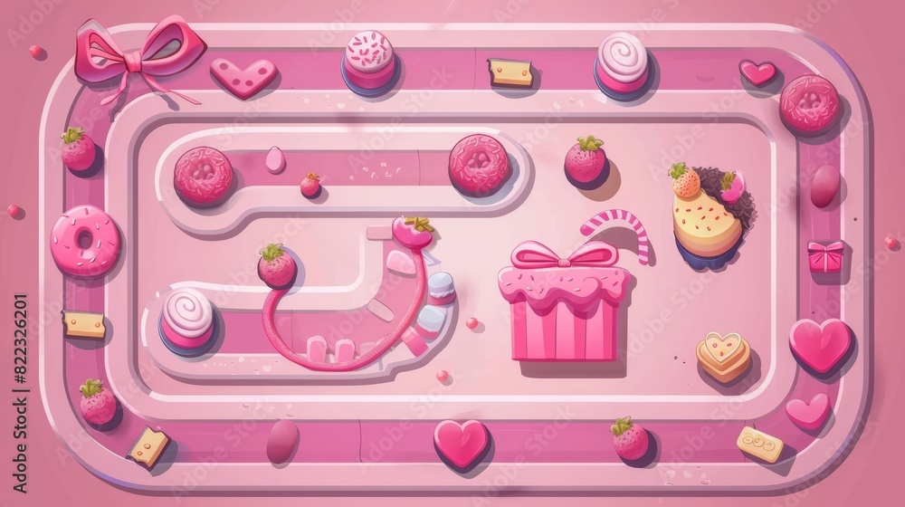Poster a road map with level indicators with a pink background. cartoon illustration of a gui design with s