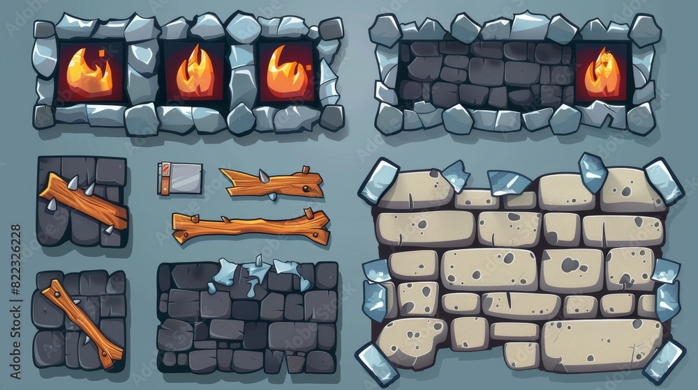 Poster ui cartoon modern with stone frame and rock board. medieval plaque and loading progress bar design t