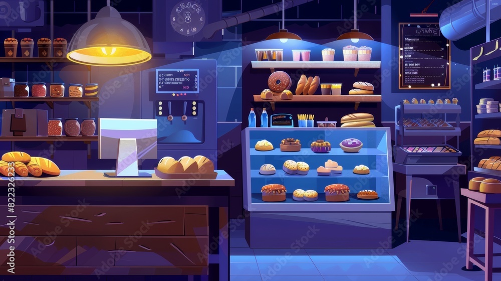 Wall mural bakery shop interior with furniture at night. modern cartoon illustration of a dark cafe with lamps,