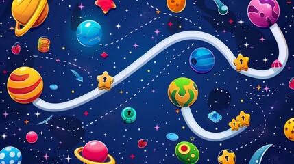 An astronaut adventure arcade game map. Modern illustration with space background with stars, travel route between fantasy alien planets, score stars and lock symbols, app user interface.
