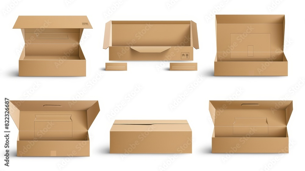 Poster mock ups of cardboard boxes isolated on white background. the mockups depict an open empty 3d carton