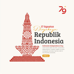 Indonesia Independence Day Social Media Post, Hand-Drawn national monument with Trendy Stamp, 17 Agustus
