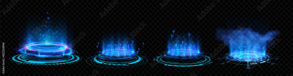 Fototapete A set of futuristic holographic interfaces displaying blue glowing elements on a transparent background. The high-tech digital projections are perfect for sci-fi and technology-themed designs. Vector