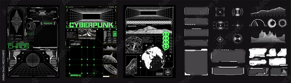Leinwandbilder cyberpunk-themed user interface elements, including holographic displays, grids, graphs, and futuris